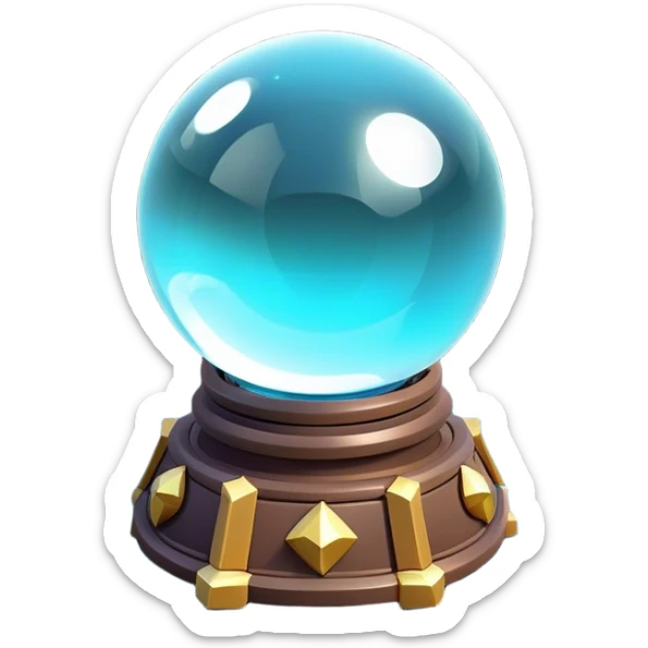 Clash of Clans aesthetic: Cinematic Playful 3D Isometric Crystal Ball Emoji, rendered in a 3D vector-style similar to standard emojis with minimal shading and bold, simplified shapes. A compact, distinct form with signature details, softly glowing with a fantasy RPG magic charm. Simplified yet unmistakably iconic, highly detailed and consistent, glowing with a soft radiance and high shine. Stylized with a touch of heroic grandeur and a soft glowing outline, capturing the essence of a beloved gaming relic with a friendly, playful manner! sticker
