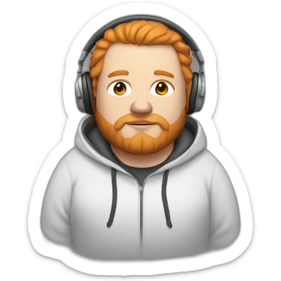 fat white man wearing a hoodie with a hood on, headphones on, ginger hair and beard sticker
