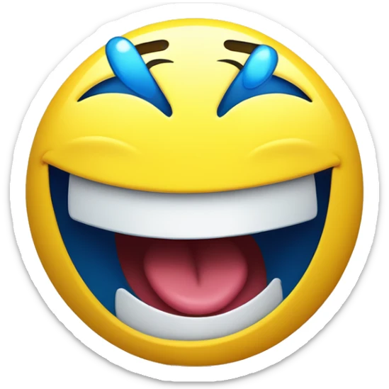 A 3D cartoon emoji of a yellow face laughing hysterically, tilted sideways, with closed 'V'-shaped eyes, a wide open smile, and blue tears of joy, in a bright and glossy style. sticker