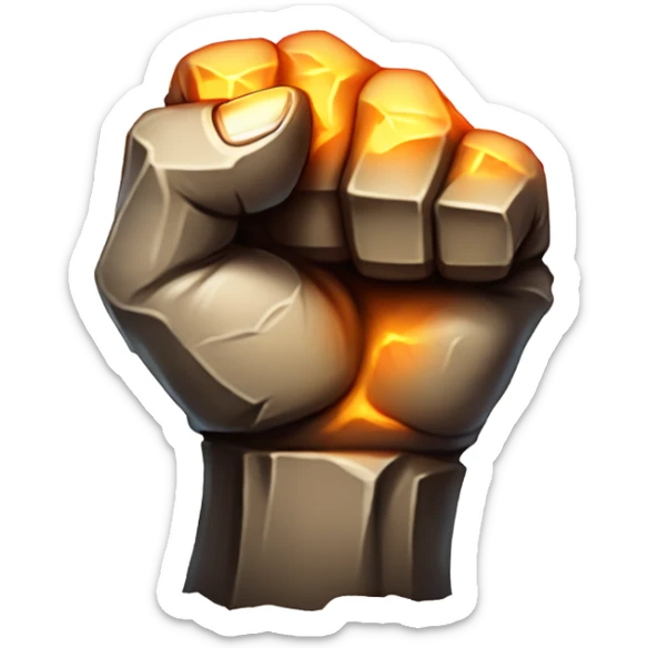 A massive stone fist, glowing with faint orange energy, made of jagged rock, ready to strike with cracks appearing on the surface. sticker