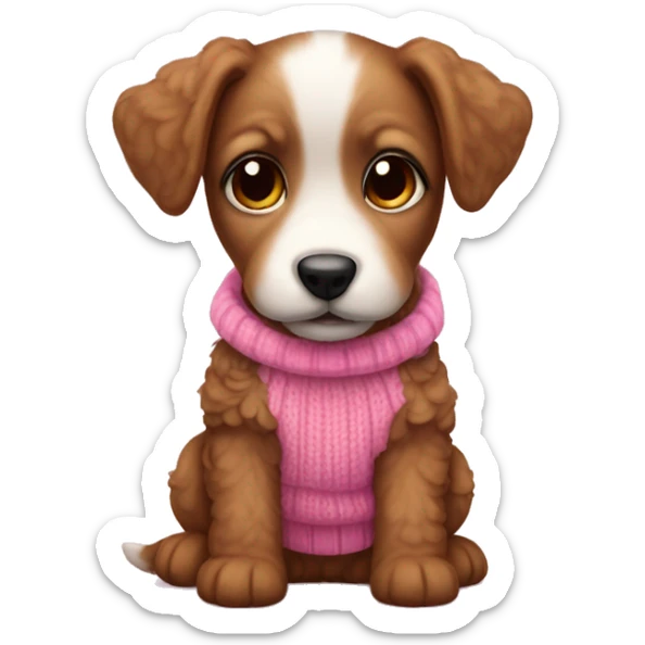 Brown doodle mini puppy in pink sweater and little pink bows on ears sticker