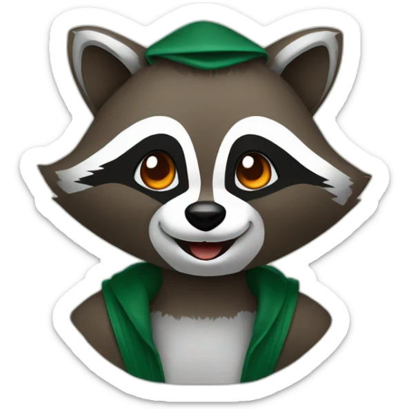 brown raccoon with orange eyes and a dark green hood that is laughing sticker