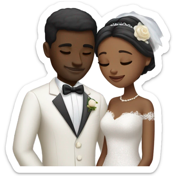 African Groom and bride. Tall Groom. Short bride. Black hair. Hugging each other. Eyes closed. Up close. sticker