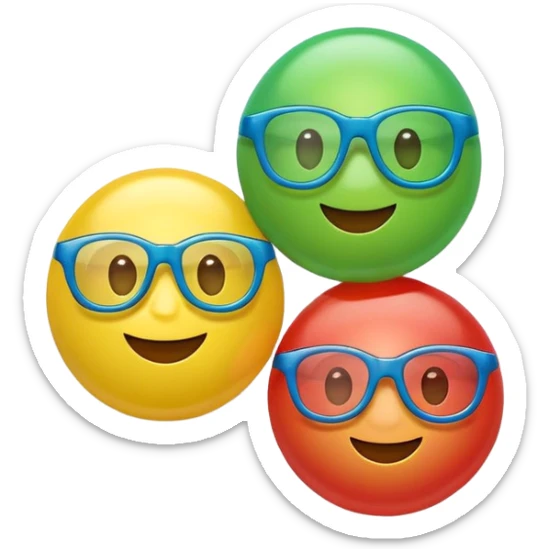 Cute 3D cartoon emoji sticker of a plastic glasses and ball game with three glossy 3 plastic glasses (blue, green, red) and a yellow ball, soft lighting, smooth shadows, playful, white sticker outline, transparent background, high resolution. sticker