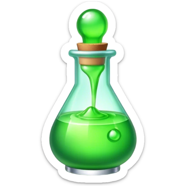 Clash of Clans aesthetic: Cinematic Playful Pixel 3D green health Potion Emoji, rendered in a 3D vector-style similar to standard emojis with minimal shading and bold, simplified shapes. A compact, distinct form with signature details, softly glowing with a pixelated adventure charm. Simplified yet unmistakably iconic, highly detailed and consistent, glowing with a soft radiance and high shine. Stylized with a touch of classic pixel-art charm and a soft glowing outline, capturing the essence of a beloved gaming relic with a friendly, playful manner! sticker
