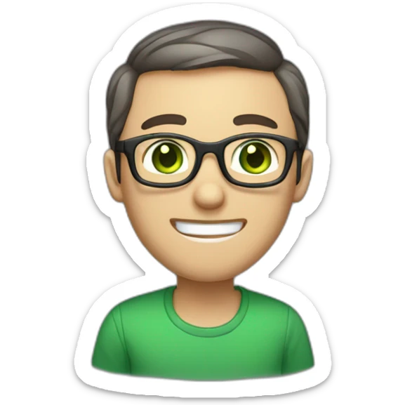 Chatty man, short hair, small thin glasses, green eyes, with dark sweet, geeky sticker
