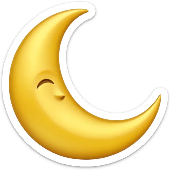 A 3D Apple-style emoji of a crescent moon (hilal), smooth golden-yellow surface, shiny and glowing, minimal and clean design, cute and soft cartoon style. sticker