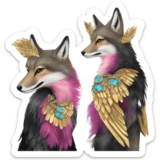 Dark black Beige cyan Pink magenta burgundy maroon cyan beige gray coyote fox black stripes wearing gold jewellery gold piercings gold gilded vintage watercolour tie dye black raven wings sticker