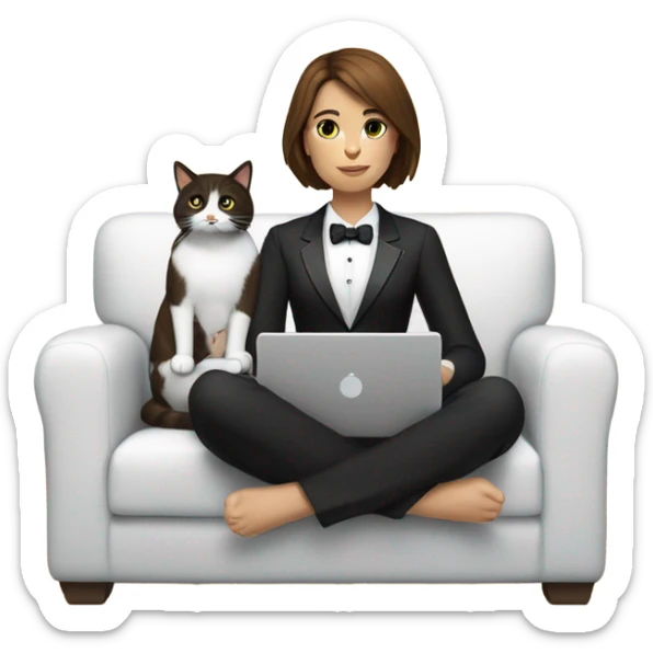  woman with brown hair sitting on the couch with a laptop on her lap next to small black and white tuxedo cat sticker