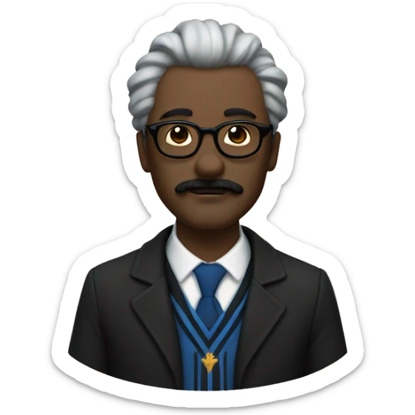 componist, man with white skin, his hair is straight and black, a black mustache, glasses, ravenclaw sticker