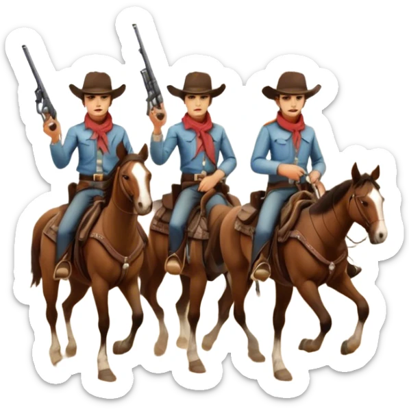 Icon for Western: A vintage movie poster-style design with cowboys on horseback, dusty desert landscape, and a setting sun. Include cowboy hats, revolvers, and an old saloon. The design should have bold typography and a retro cinematic feel. Transparent background. sticker