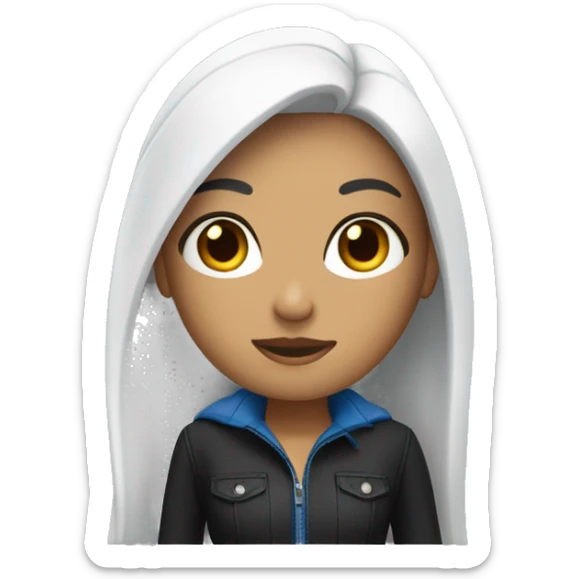 a tanned women with long straight black hair and blue skinny jeans with a long sleeve white sticker