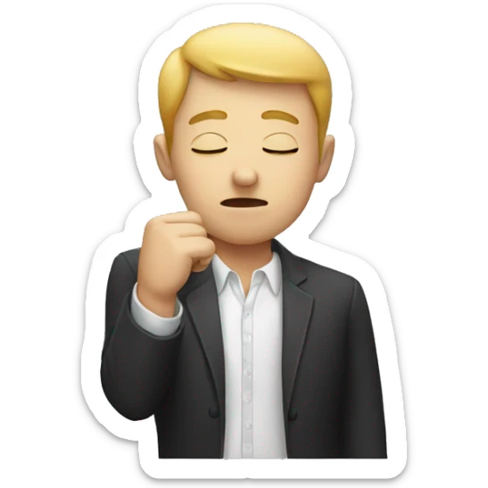 person with eyes closed, one hand pointing down, the other in a fist covering his mouth. sticker