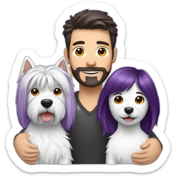 a family consisting of 1 white man with dark brown hair, 1 white woman with purple hair and 1 happy west highland white terrier sticker