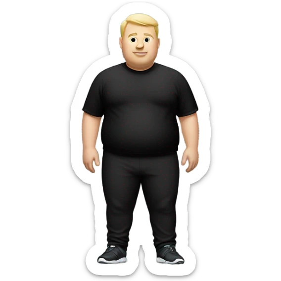 white fat man in sports black pants and black t-shirt, short hair sticker