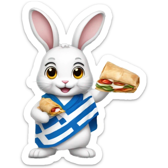 Bunny rabbit wearing Greek flag and holding gyros pita wrap sticker