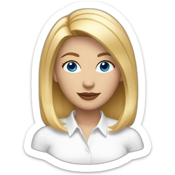 woman with blue eyes and straight bob blonde hair wearing a white button up and golden hoop earrings sticker