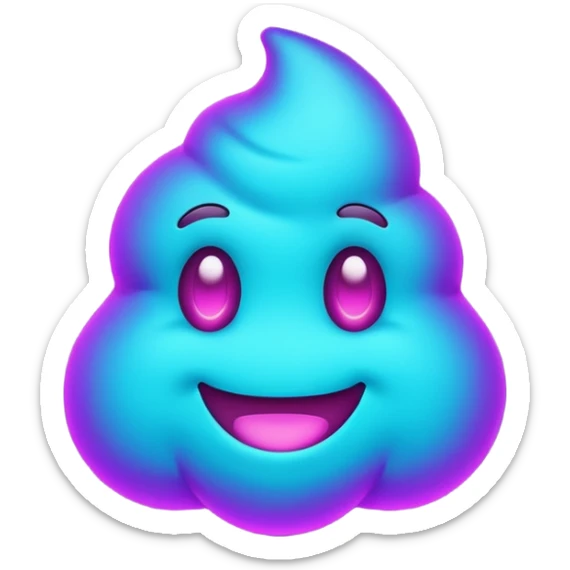 futuristic glowing poop emoji with funny smiling face, purple and cyan neon glow, dark background sticker