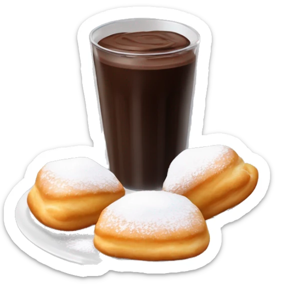Realistic plate of powdered sugar beignet s with glass cup of chocolate dip on the side isolated. sticker