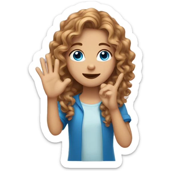 girl with light brown long curly hair and blue eyes doing a hand heart  sticker