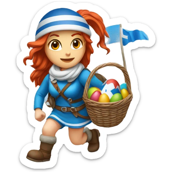 Greek Female winter mountaineer red hair white skin climbing with Greek Flag and Easter eggs basket sticker