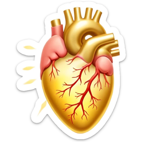 Glowing golden omega-3 pill with ethereal aura, connected by flowing energy to a luminous brain and heart. The brain shows enhanced neural activity while the heart pulses with healthy rhythm, all surrounded by a soft radiance representing improved cognitive and cardiovascular health. sticker