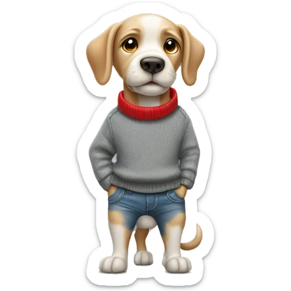 Dog in a grey jumper with his hands in his pockets with jeans and red shoes sticker