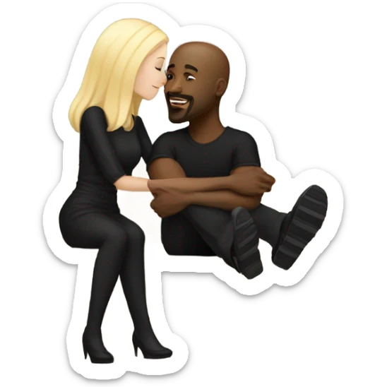 Blonde woman with blue eyes and long straight hair wearing a short black dress and a black man who is bald with a goatee seated together on a sofa enjoying a loving kiss.   sticker