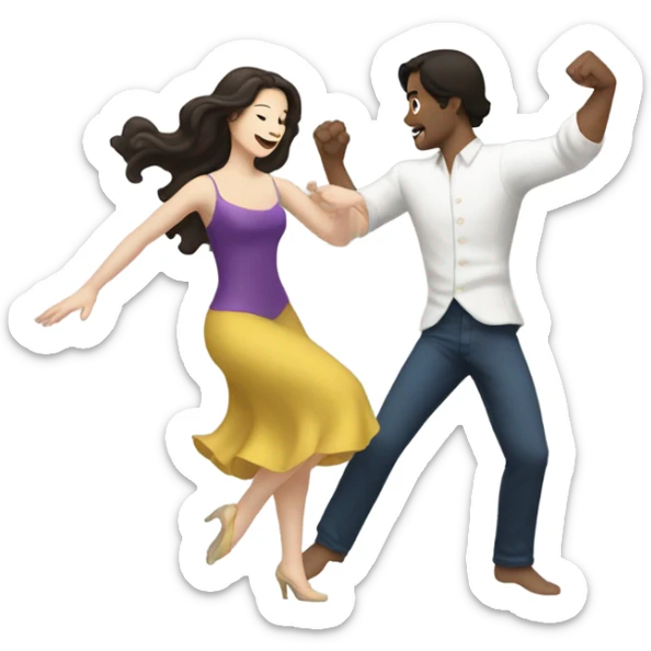 A pale half Asian man with short dark hair and white woman with long wavy brunette hair dancing together sticker