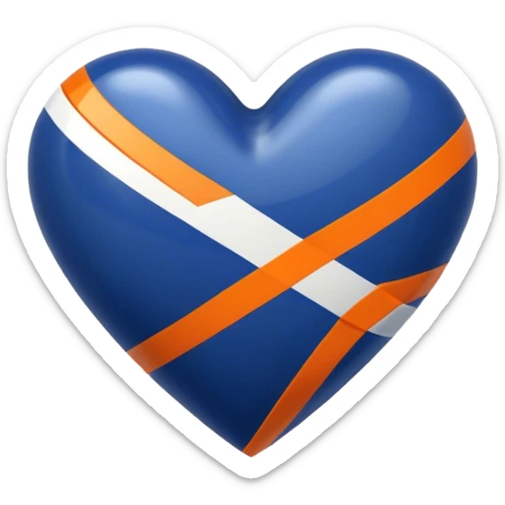 Glossy, sporty dark blue heart with diagonal white and orange athletic stripes going down one side sticker