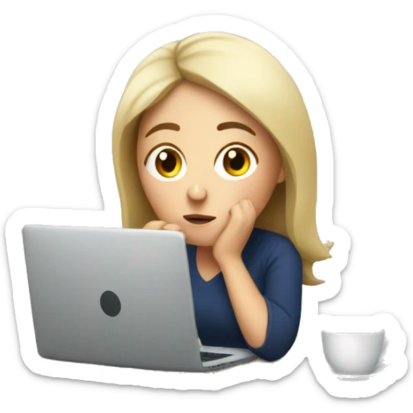 tired french girl with laptop drinking a lot of coffee sticker