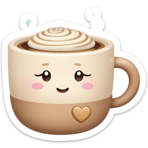 Cute Kawaii Coffee Cup, cozy and warm, a tiny swirl of steam shaped like a heart, round chubby face with a sleepy but content expression, soft pastel brown and cream colors, perfect morning vibes! sticker