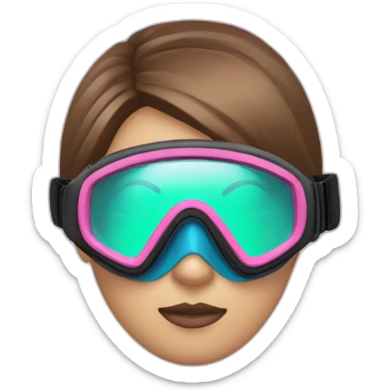 woman large brown and straight hair, pink diving mask with a single crystal. green and blue eyes, scubadiving gear sticker