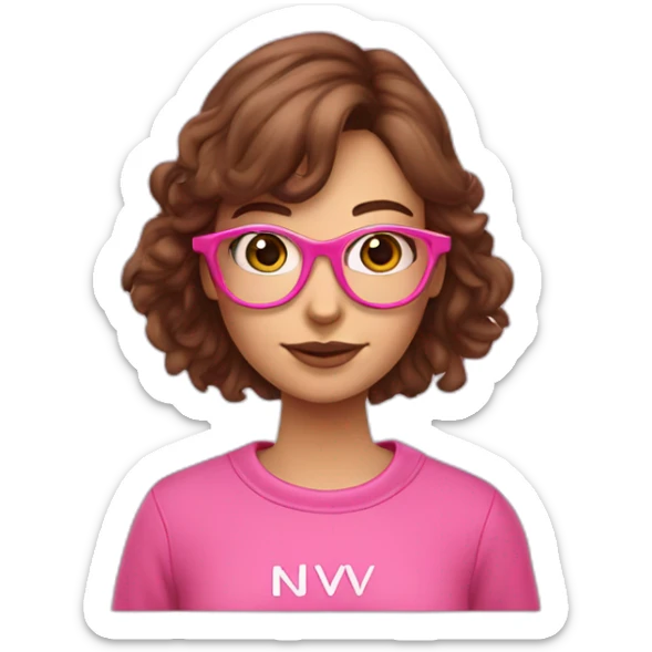 Graphic designer girl with brown hair in pink glasses wearing pink sweatshirt with text NV Designe on it sticker