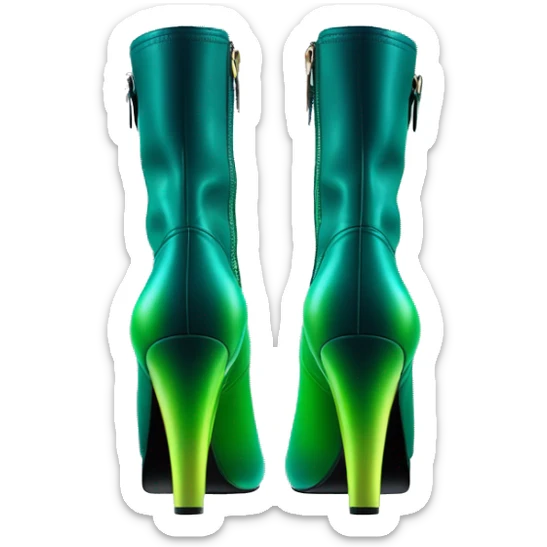 Realistic isolated top front view of a pair of dark teal,lime green,mint green and emerald green ombre high heel ankle boots. sticker