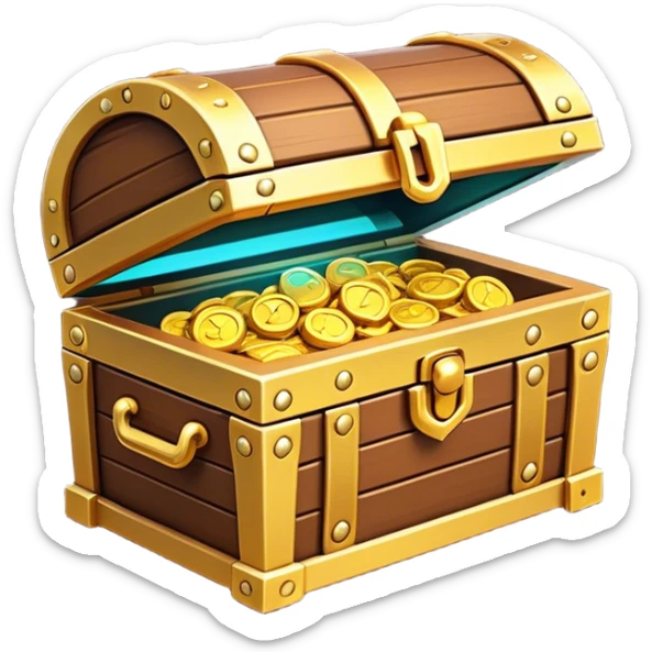 Clash of Clans aesthetic: Cinematic Playful Pixel 3D Treasure Chest Emoji, rendered in a 3D vector-style similar to standard emojis with minimal shading and bold, simplified shapes. A compact, distinct form with signature details, softly glowing with a pixelated adventure charm. Simplified yet unmistakably iconic, highly detailed and consistent, glowing with a soft radiance and high shine. Stylized with a touch of classic pixel-art charm and a soft glowing outline, capturing the essence of a beloved gaming relic with a friendly, playful manner! sticker