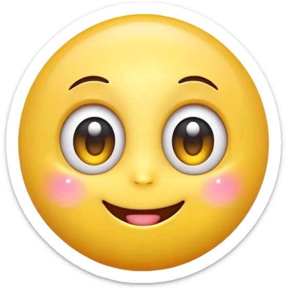 A cute smiling yellow emoji with big sparkling eyes, cartoon style, 3D, bright colors, high detail sticker