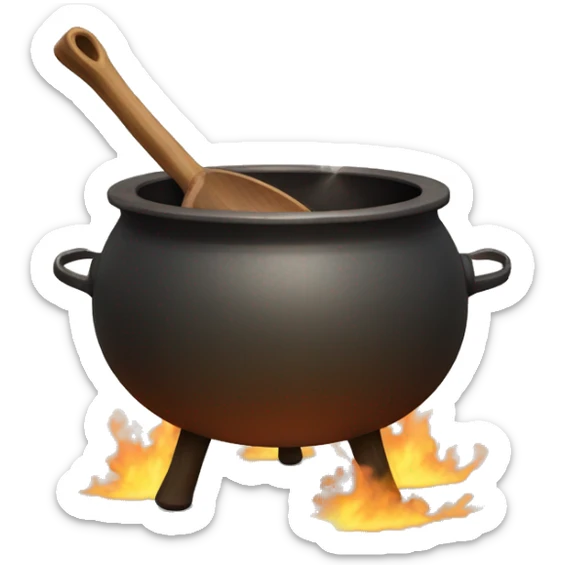 smoldering cauldron with wooden spoon sticking out of the top. the cauldron is filled with a hazy fall color substance. the cauldron has 2 solid looking feet and its cast iron sticker