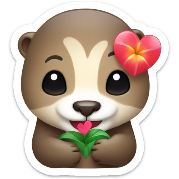 A happy and cute otter face with a Hawaiian flower-shaped pin, holding a heart in its hand. sticker