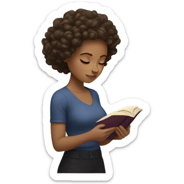 brunette curl hair brown woman looking down at a book cozy aesthetic sticker