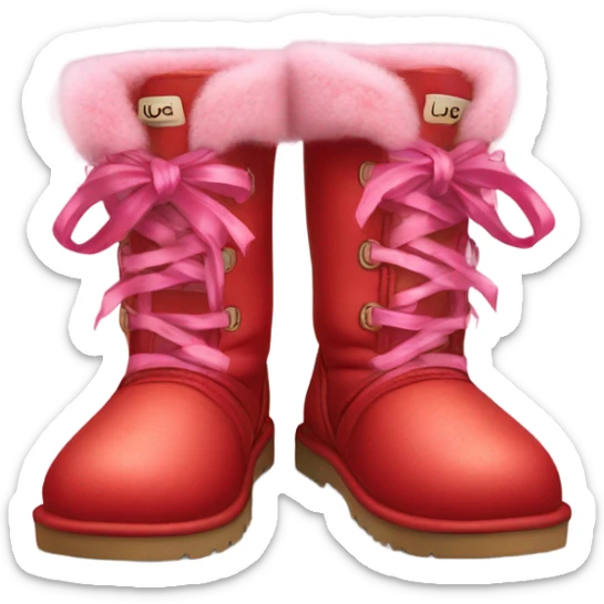 Pair of Realistic Red Ugg Fur Boots laced up with pink silk ribbon laces at the back of them. sticker