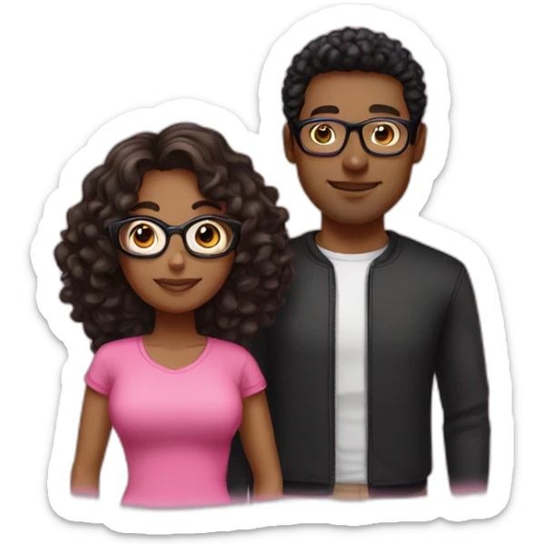 Woman with long brown hair dressed with a pink shirt and man with short and curl black  hair, glasses and a black tshirt sticker