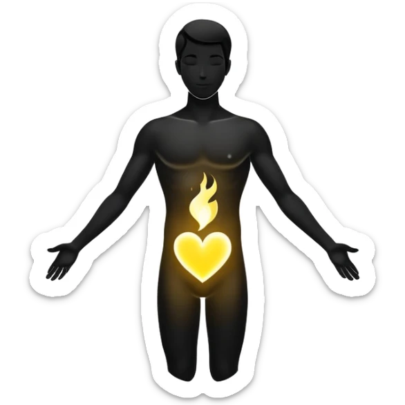 minimalist b&w male silhouette with flowing black-and-white curves across the lower body, now overlaid with a small, softly glowing spark or radiant light near the chest or head — heart symbolizing inspiration, inner fire, and creative energy awakening” style glow yellow sticker
