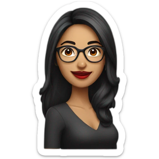 an Indian female with long black hair with glasses smiling and red lipstick on sticker