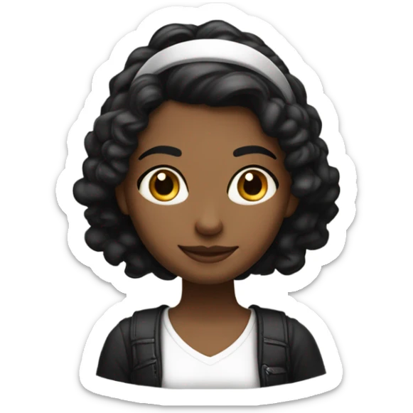 una chica joven de pelo largo negro con una camiseta blanca guapa con una diadema en la frente negra y con un libro sticker