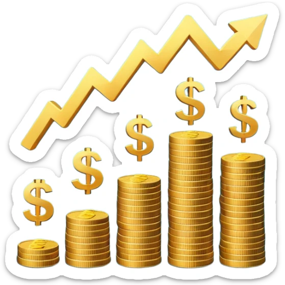 3D emoji-style bar chart showing $10K → $800 and $20K → $1,600 returns, coins and dollar signs flying upward, minimalist light background sticker