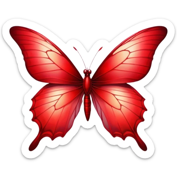 Cinematic Realistic Noble Red Butterfly Portrait Emoji, Poised and elegant, with delicate, translucent wings rendered in rich ruby and scarlet hues, a slender, graceful body with intricately detailed textures, and soft, reflective eyes, illuminated by natural light, high shine, intelligent and regal, styled with an air of refined natural splendor, focused and attentive, soft glowing outline, capturing the essence of a watchful and confident red butterfly that appears to emerge majestically from the screen! sticker