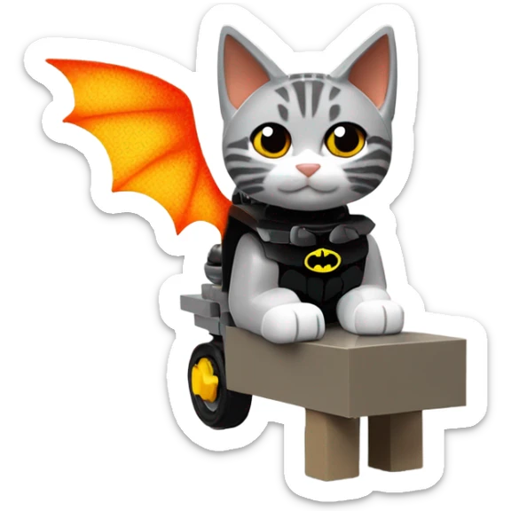 Lego Batman riding a Grey and black tabby kitten with white legs, and wings of fire  sticker