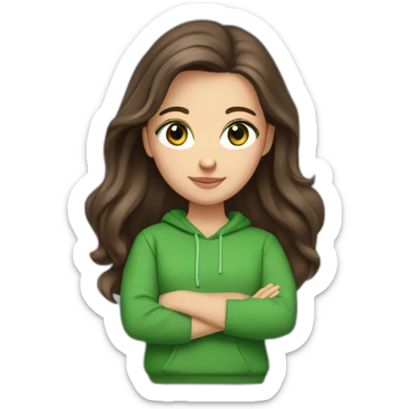 white girl with long dark brown layered hair, green/brown eyes and red sweatshirt sticker