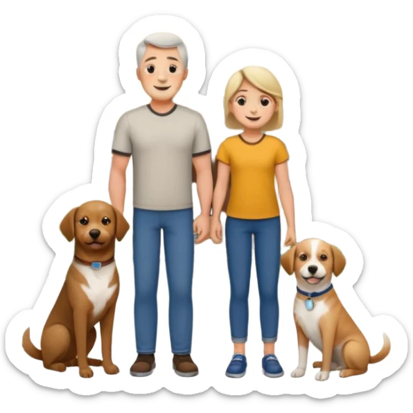 1 Father 1 Mother and 1 young boy who is half as tall as the parents, standing in front of their house with a dog next to them. Everyone should look VERY happy sticker